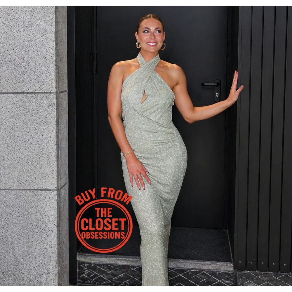 Zara Gold Metallic Halter Midi Dress Bodycon Evening Dress NWT M - Picture 3 of 16